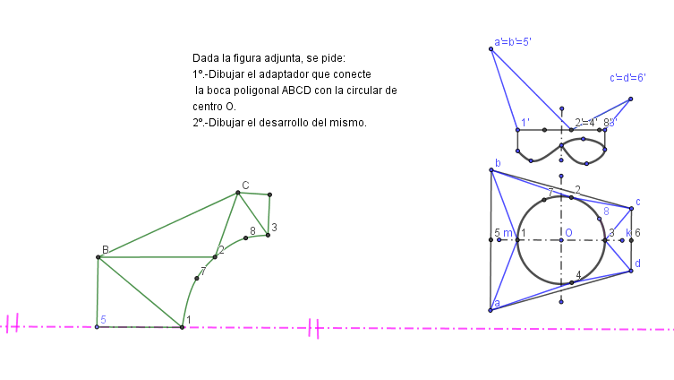 Geogebra: Ejercicio de adaptador de bocas no paralelas y su desarrollo